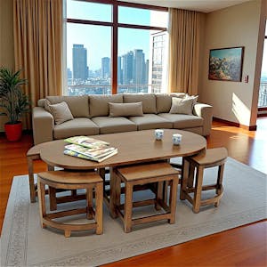 Table basse hévéa + 6 tabourets MAORI